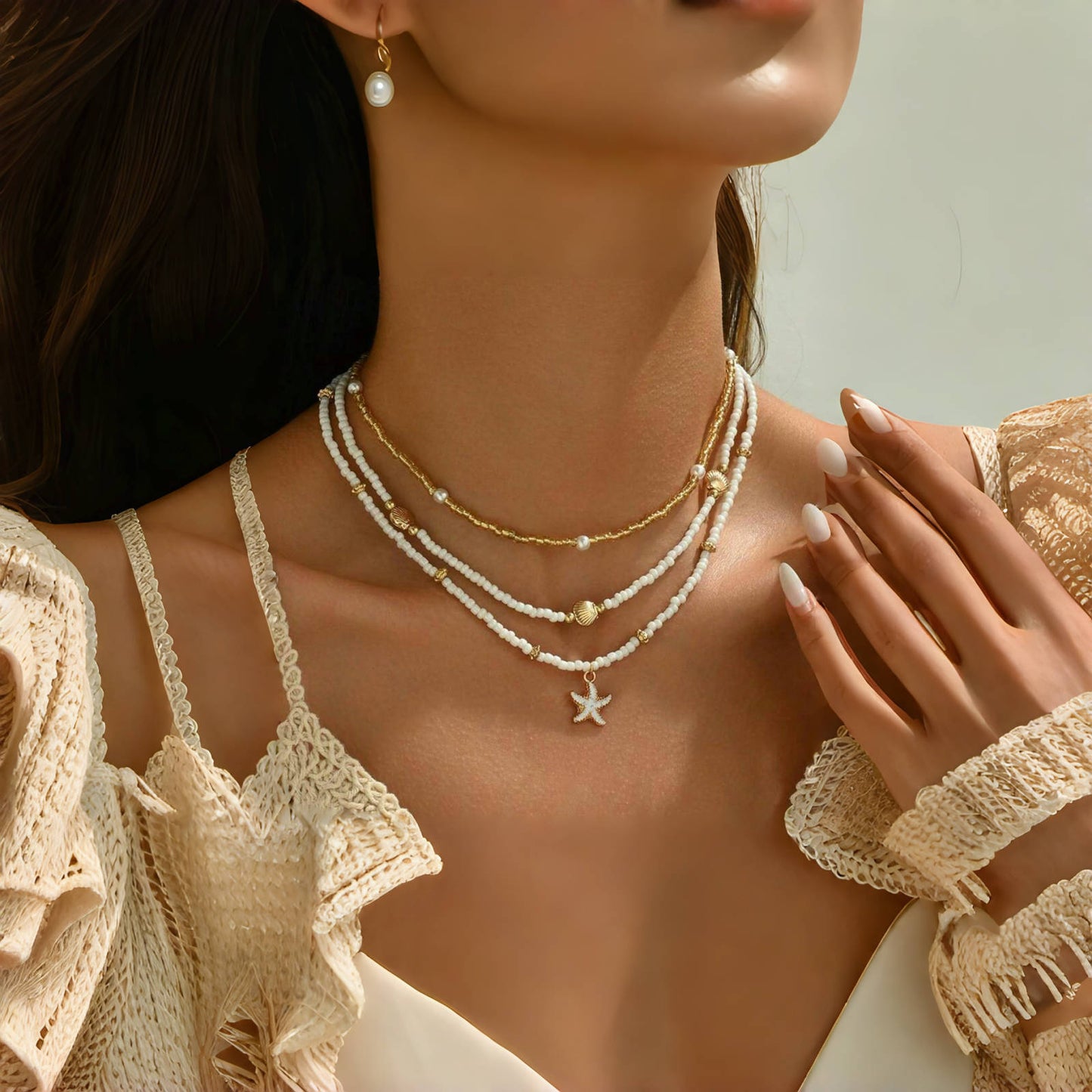 Starfish Shell Layered Beaded Necklace