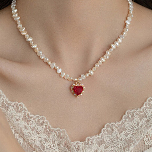 Red Heart Pearl Beaded Necklace