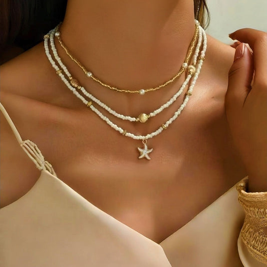 Starfish Shell Layered Beaded Necklace
