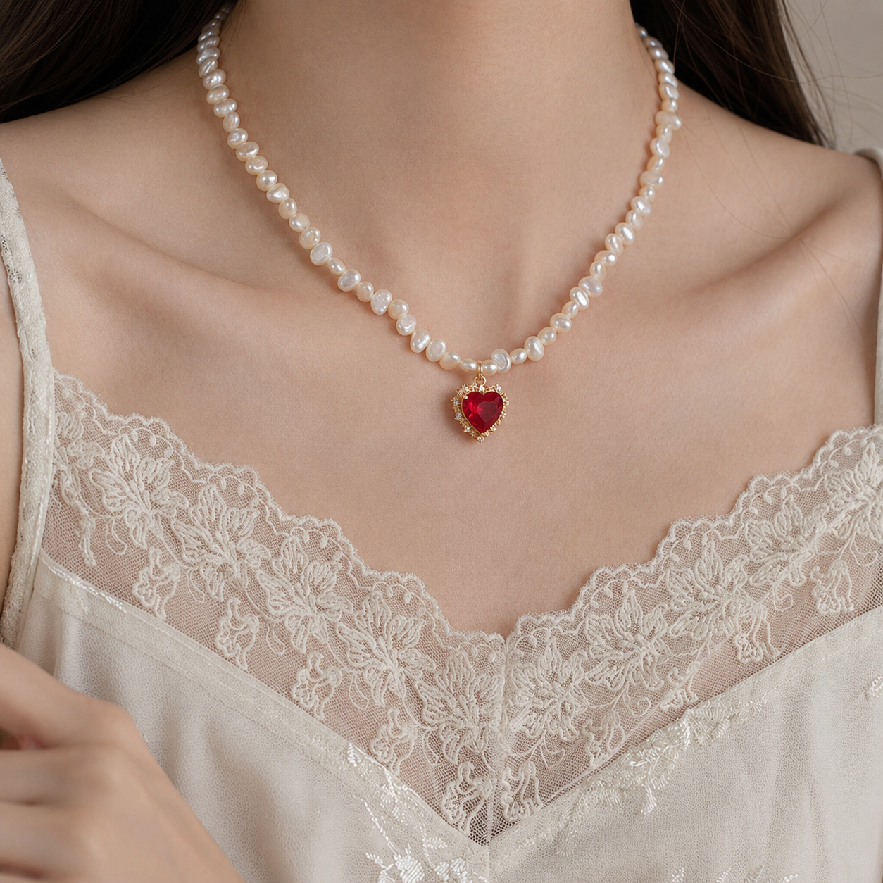 Red Heart Pearl Beaded Necklace
