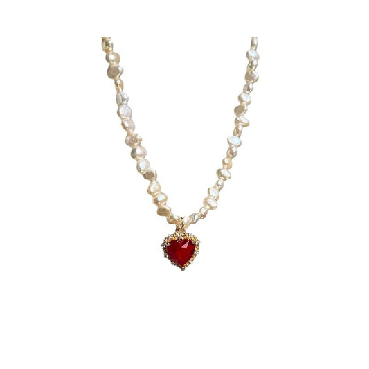 Red Heart Pearl Beaded Necklace