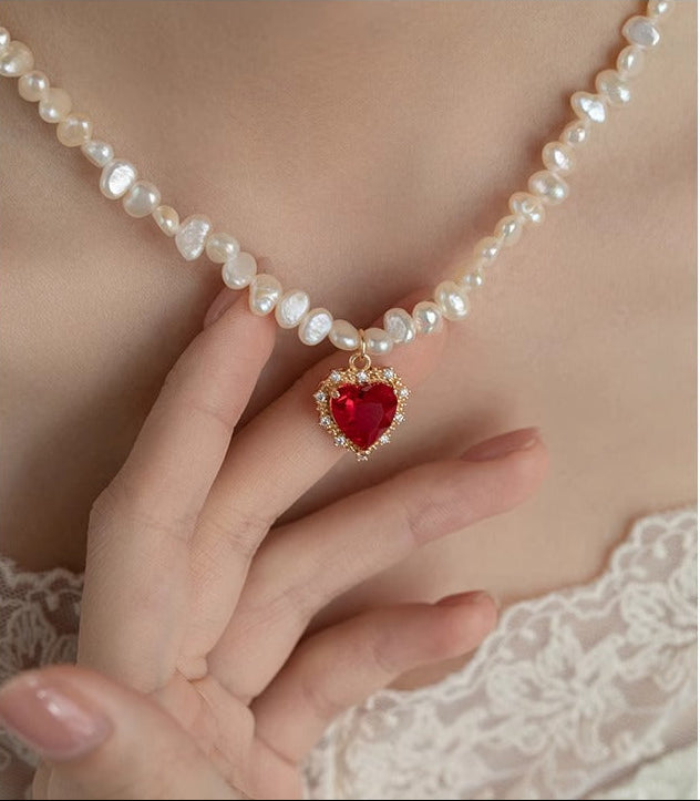 Red Heart Pearl Beaded Necklace